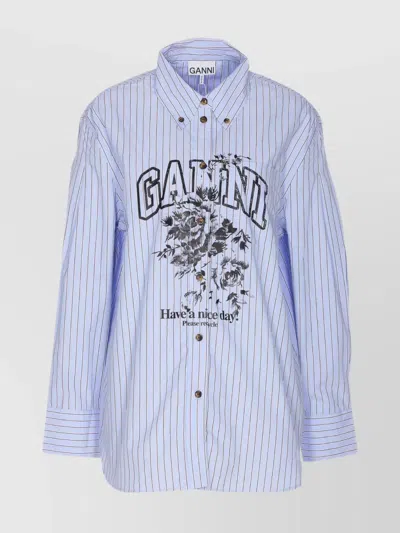 Ganni Striped Cotton Shirt With Print In Blue