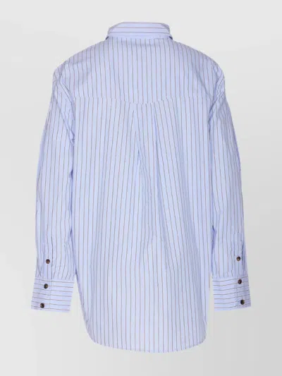 Ganni Striped Cotton Shirt With Print In Blue