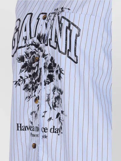 Ganni Striped Cotton Shirt With Print In Blue