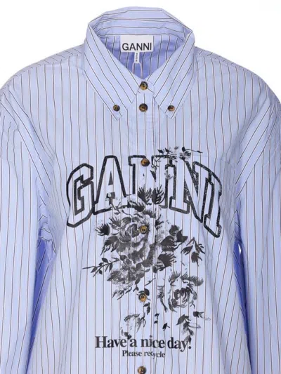 Ganni Striped Cotton Shirt With Print In Blue