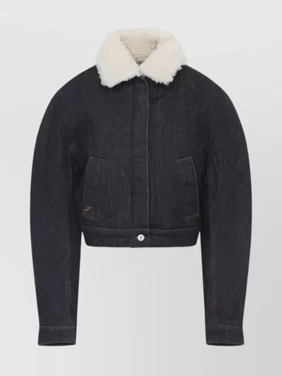 Jacquemus Le Bomber De-nimes Ovalo Blue Jacket With Fur Collar And Two Front Welt Pockets In Denim Woman In Black