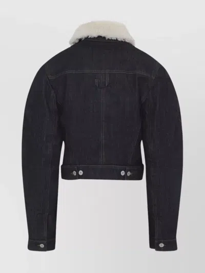 Jacquemus Le Bomber De-nimes Ovalo Blue Jacket With Fur Collar And Two Front Welt Pockets In Denim Woman In Black