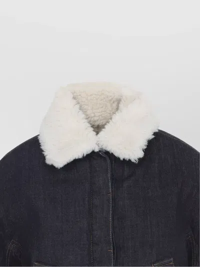 Jacquemus Le Bomber De-nimes Ovalo Blue Jacket With Fur Collar And Two Front Welt Pockets In Denim Woman In Black