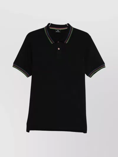 Paul Smith Cotton Blend Polo Shirt With Striped Collar In Black