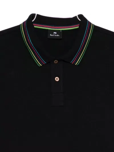 Paul Smith Cotton Blend Polo Shirt With Striped Collar In Black