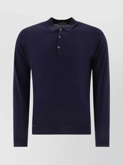 John Smedley Classic Navy Wool Long Sleeve Polo With Ribbed Cuffs In White