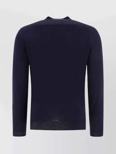 John Smedley Classic Navy Wool Long Sleeve Polo With Ribbed Cuffs In White