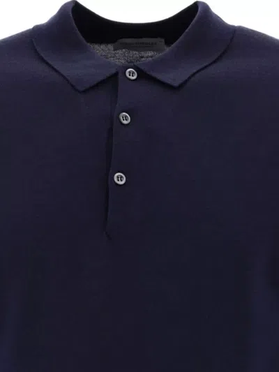 John Smedley Classic Navy Wool Long Sleeve Polo With Ribbed Cuffs In White