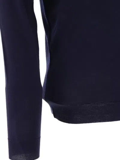 John Smedley Classic Navy Wool Long Sleeve Polo With Ribbed Cuffs In White