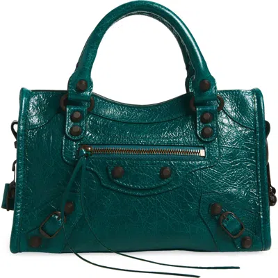 Balenciaga Mini Le City Crinkle Leather Top Handle Bag In Green