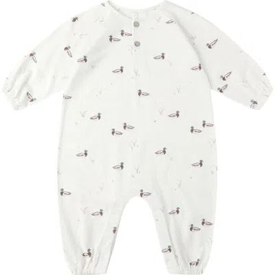 Rylee + Cru Duck Print Organic Cotton Henley Bubble Romper In White