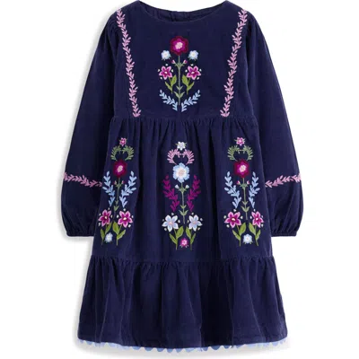 Mini Boden Kids' Floral Embroidery Corduroy Dress In Blue