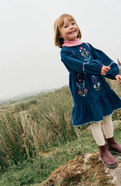 Mini Boden Kids' Floral Embroidery Corduroy Dress In Blue