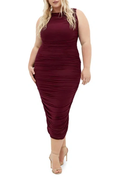 City Chic Halo Sleeveless Ruched Mesh Dress In Burgundy