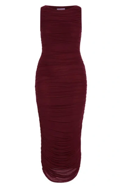City Chic Halo Sleeveless Ruched Mesh Dress In Burgundy