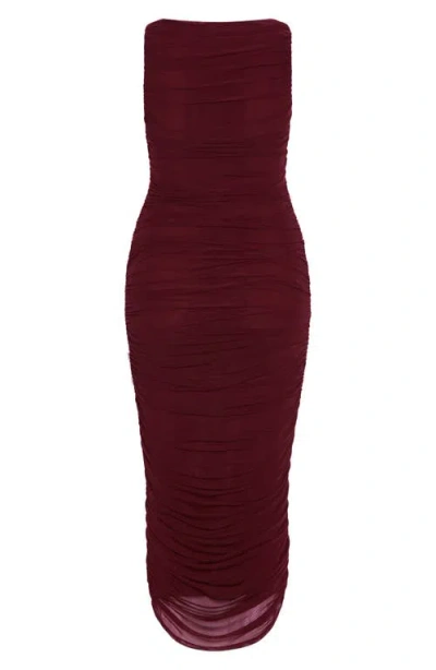 City Chic Halo Sleeveless Ruched Mesh Dress In Burgundy