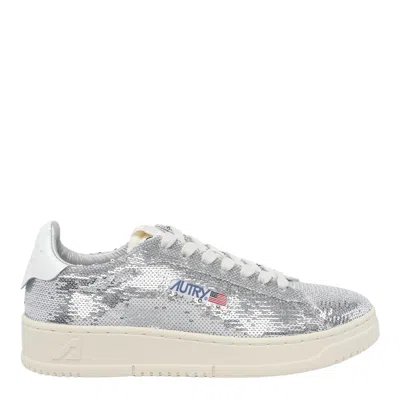 Autry Dallas Low Sparkling Sneakers In Silver And White Sequins Shoes In Silver