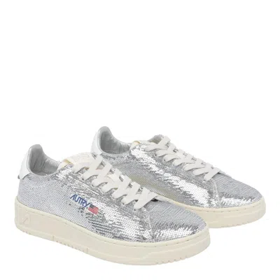 Autry Dallas Low Sparkling Sneakers In Silver And White Sequins Shoes In Silver