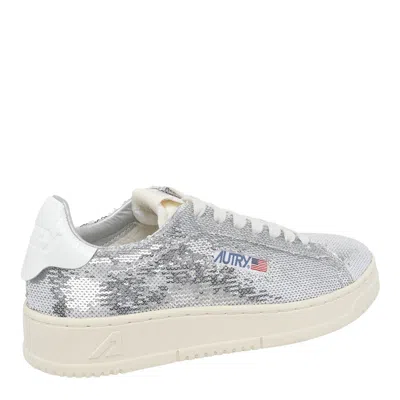 Autry Dallas Low Sparkling Sneakers In Silver And White Sequins Shoes In Silver