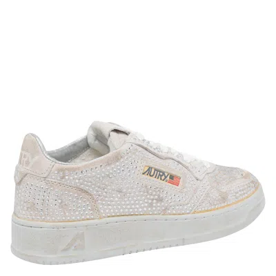 Autry Medalist Low Sneakers In Worn-out Effect Suede With Rhinestones In Neutral