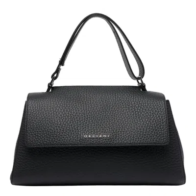 Orciani Trapezoidal Handbag In Hammered Leather With Monogram In Black