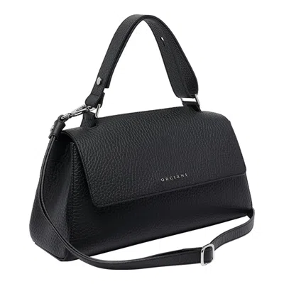 Orciani Trapezoidal Handbag In Hammered Leather With Monogram In Black