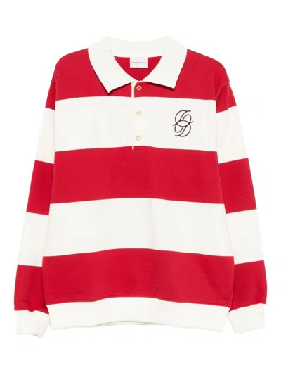 Drôle De Monsieur Striped Long Sleeve Polo Shirt With Embroidery In Red