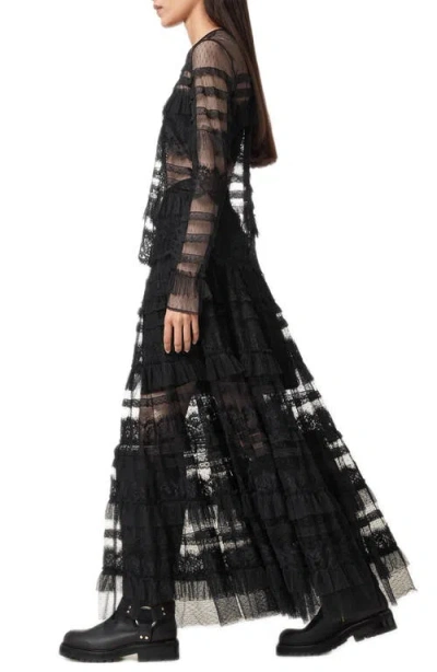 Allsaints Womens Black Arlea Elasticated-waist Lace-trim Woven Maxi Skirt In Black