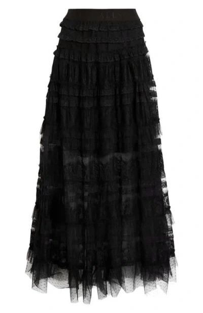 Allsaints Womens Black Arlea Elasticated-waist Lace-trim Woven Maxi Skirt In Black