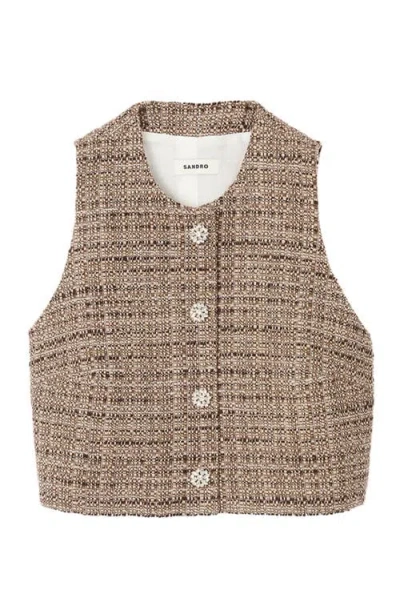 Sandro Womens Brown Button-down Regular-fit Textured Tweed Vest In Brown