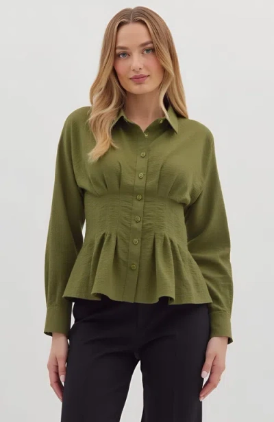 Modenaire Peplum Button-up Blouse With Long Sleeves And Structured Waist In Green