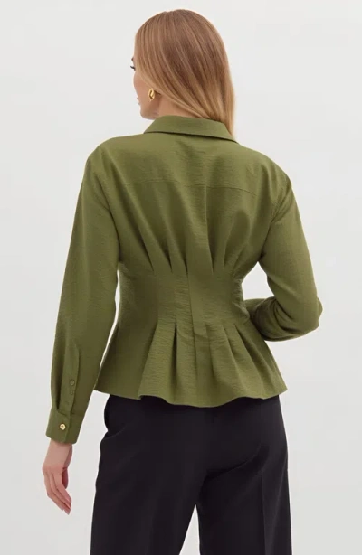 Modenaire Peplum Button-up Blouse With Long Sleeves And Structured Waist In Green