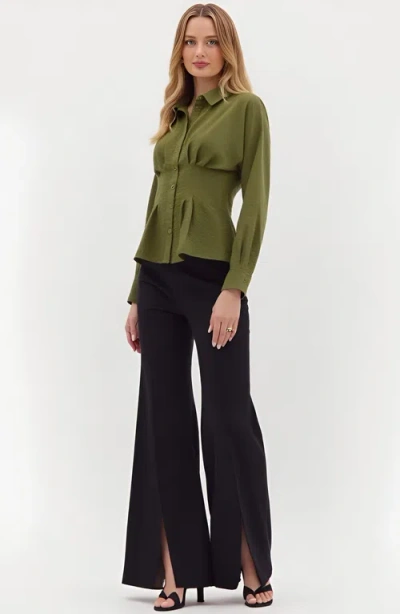 Modenaire Peplum Button-up Blouse With Long Sleeves And Structured Waist In Green