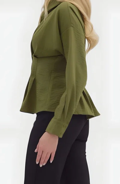 Modenaire Peplum Button-up Blouse With Long Sleeves And Structured Waist In Green