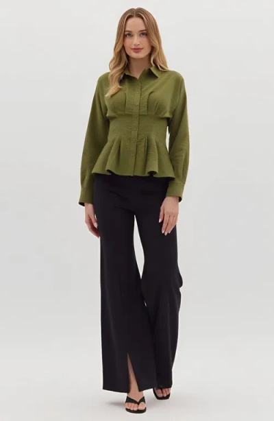 Modenaire Peplum Button-up Blouse With Long Sleeves And Structured Waist In Green