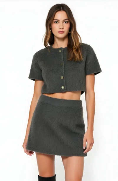 Modenaire Fuzzy Knit Crop Top And Mini Skirt Set With Button Front Detail In Gray
