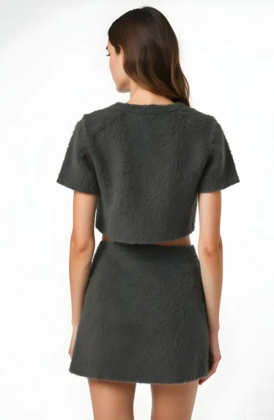 Modenaire Fuzzy Knit Crop Top And Mini Skirt Set With Button Front Detail In Gray
