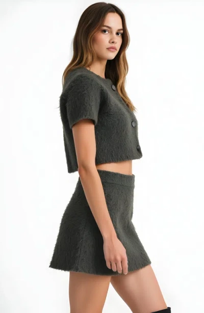 Modenaire Fuzzy Knit Crop Top And Mini Skirt Set With Button Front Detail In Gray
