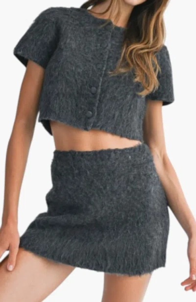 Modenaire Fuzzy Knit Crop Top And Mini Skirt Set With Button Front Detail In Gray