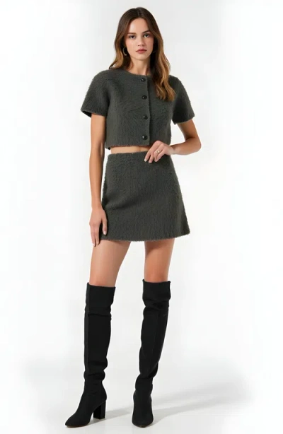 Modenaire Fuzzy Knit Crop Top And Mini Skirt Set With Button Front Detail In Gray