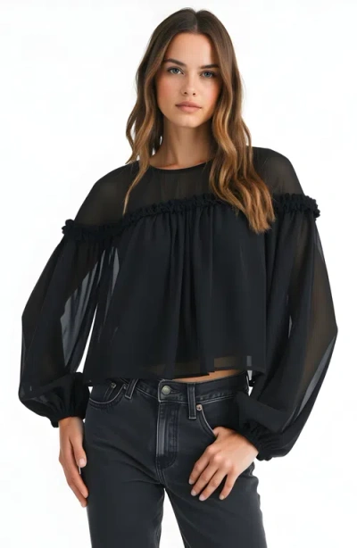 Modenaire Sheer Long Sleeve Blouse With Ruffled Trim And Flowing Silhouette In Black