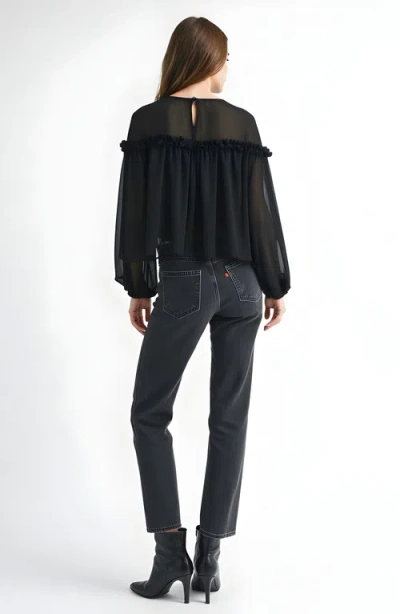 Modenaire Sheer Long Sleeve Blouse With Ruffled Trim And Flowing Silhouette In Black