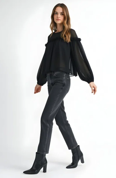Modenaire Sheer Long Sleeve Blouse With Ruffled Trim And Flowing Silhouette In Black