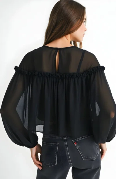 Modenaire Sheer Long Sleeve Blouse With Ruffled Trim And Flowing Silhouette In Black