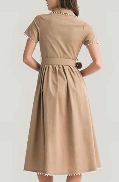 Modenaire Short Sleeve Collared Midi Dress With Pearl Details And Statement Belt In Neutral