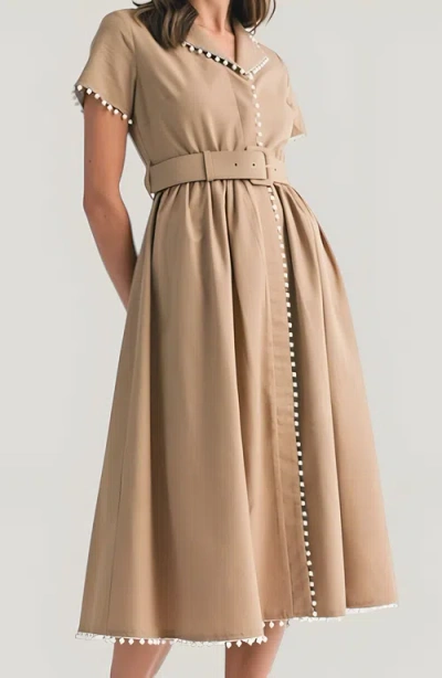 Modenaire Short Sleeve Collared Midi Dress With Pearl Details And Statement Belt In Neutral