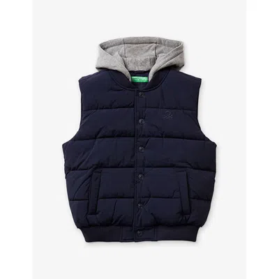 Benetton Navy Blue Detachable-hood Sleeveless Nylon Gilet 6-14 In Blue