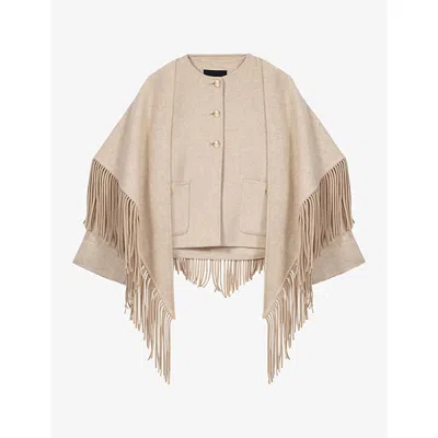Maje Womens Ecru Fringed Cropped Wool-blend Coat In Neutral