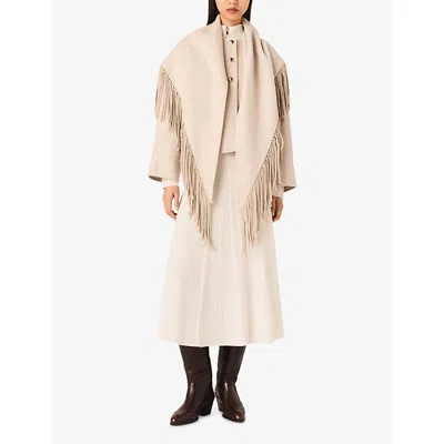 Maje Womens Ecru Fringed Cropped Wool-blend Coat In Neutral
