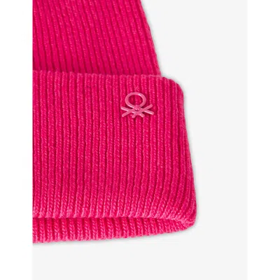 Benetton Pink Logo-plaque Wool Blend Beanie 8 In Blue